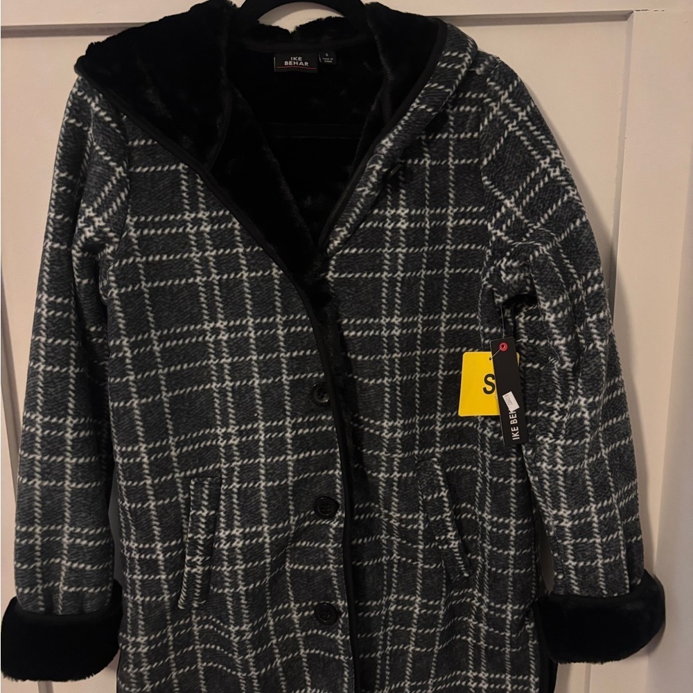 Ike Behar Black and Gray Plaid Faux Fur Lined Pea Coat NWT